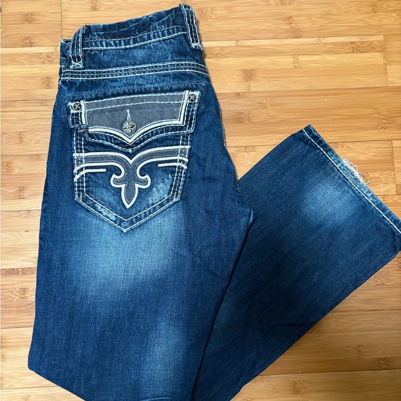 Rock Revival Blue Boot Cut Jeans with Decorative Stitching